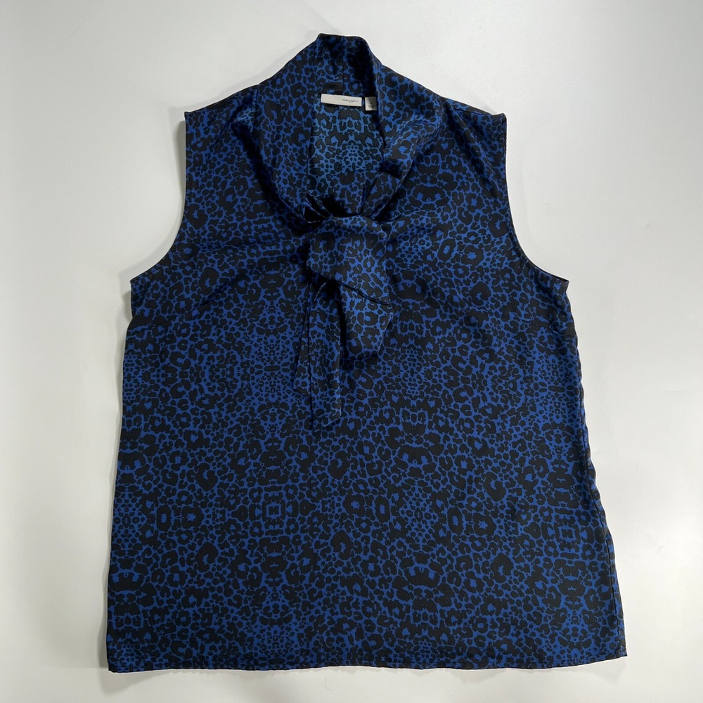 Halogen Womens Size M Black Blue‎ Secretary Bow Print Top Charming Tie Neck Tank
